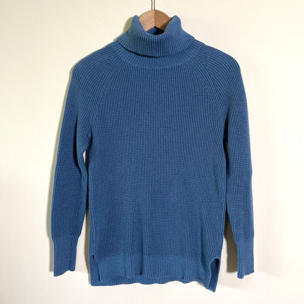 J.Crew Women's 100% Cotton Blue Waffle Knit Turtleneck Sweater Size XS Casual